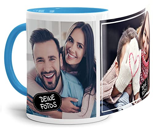 Foto-Tasse zum selbst gestalten mit Foto-Collage für 2 Wunschfotos - Geschenk für Familie, Freunde, Geburtstag, Weihnachten - Keramik Innen & Henkel Hellblau, 300 ml I Personalisiert
