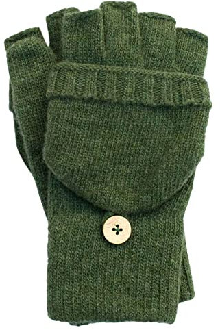 FosterNatur, Damen/Herren Wollhandschuhe Winterhandschuhe mit Klappe, 100% Wolle extrafine (7, Grün)