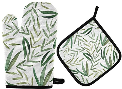 Ensemble de gants de cuisine et maniques - Feuilles vertes et fleurs blanches - Résistants à la chaleur - Tapis de cuisine sûr - Poignée antidérapante pour micro-ondes, barbecue, cuisson, grillades