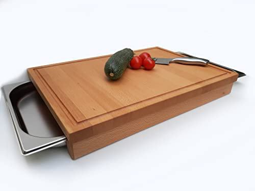 Holz-Schneidebrett BUCHE mit Saftrille und 2 Auffangschalen seitlich ausziehbar Gr.53,7x37,1x7cm Holzbrett Käsebrett Brotschneidebrett Edelstahlschublade Küchenbrett Grillbrett Stollenbrett