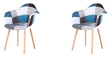 HJhomeheart Lot de 2 Chaises de Salle à Manger en Tissu Patchwork avec Accoudoirs, Fauteuil Design Moderne, Chaise de Cuisine Scandinave en Bois de Hêtre (A5-Blu)