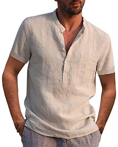 Kvruhuiy Baumwolle Leinenhemd Herren Sommer Strand Kurzarm Hemd Kurzarm Freizeithemd Casual Yoga Tops Khaki L