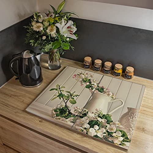 banjado® Herdabdeckplatte Glas 2-teilig 80x52 cm/Schneidebrett Herdabdeckung mit Motiv Stillleben Kirschblüten/Herdabdeckplatten Ceranfeld 2teilig / Schneidebrett Glas individuell einsetzbar