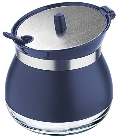 KADAX Sucrier avec cuillère - 270 ml - En verre revêtu par pulvérisation - Salière à sucre de 9 x 9 cm - 2 couleurs - Avec couvercle - Pour thé, sucre (bleu foncé)