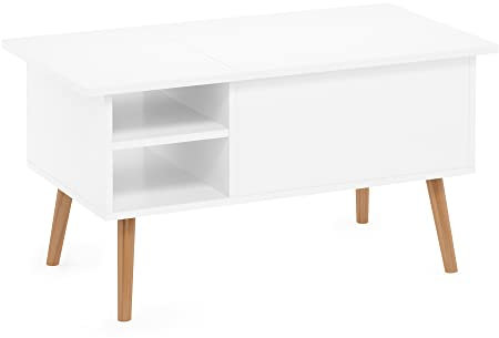 Furinno Jensen Couchtisch mit anhebbarer Tischplatte aus Holz mit verstecktem Fach und seitlich offener Ablage für das Wohnzimmer, Solides Weiss