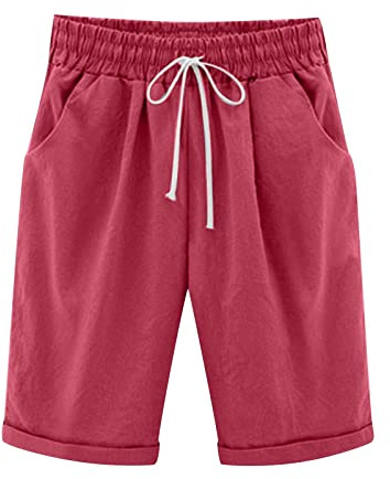 oglccg Womens Half Pants Plus Size Knee Length Cotton Linen Shorts with Pockets Summer Solid Beach Vacation Ladies Straight Leg Trousers Drawstring Elastic Waist Bermuda Casual Work Red