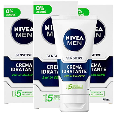Nivea Men Sensitive Feuchtigkeitscreme für Männer, feuchtigkeitsspendend, verhindert Reizungen ohne Duft, 3 Flaschen 75 ml