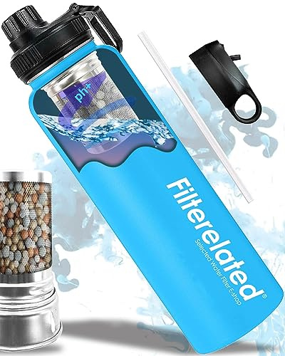 Filterelated 30oz Stainless Steel Portable Alkaline Filter Water Bottle | Creates Up To 9+ Ph Of Quality Water, Sports Travel Water Bottle, Removes Water Impurities