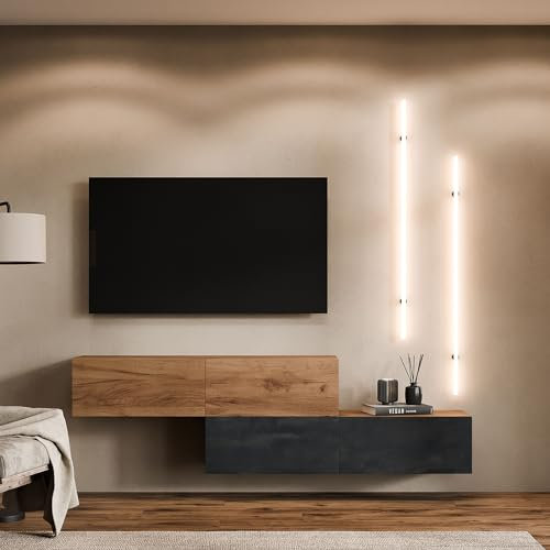 Planetmöbel TV Wohnwand Wohnzimmer 2X 140 cm Gold Eiche/Schwarz Charcoal - Gold Eiche, Modern, TV Schrank mit 2 Klappen als Stauraum, hängend oder stehend