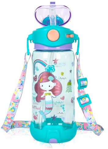PinkSheep Botella de agua para niños con pajita/cordón, 650 ml, sin BPA, botella de agua potable a prueba de fugas, tapa abatible para escuela, niños, niñas, escuela, deportes, viajes (sirena)