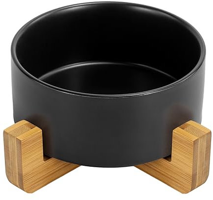 SPUNKYJUNKY Gamelle en céramique avec Support en Bambou pour Chats et Chiens (850 ML, Noir)