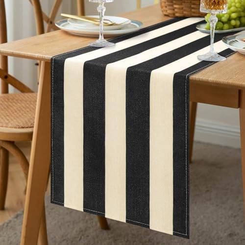 Tischläufer Gestreift Schwarz Tischdecke Klassische Tischläufer Hochzeit Leinen Dekorativer Rechteckiger für Couchtisch Drinnen oder Draußen Holiday 33x183cm