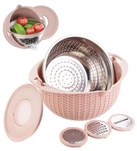 4-1 Colander Mit Mischschüssel Set, Küchenutensilien Zum Waschen, Schneiden Und Kneten, Salat Spinner, Pasta Sieb, Reissieb, Fruchtreiniger, Veggie Wash, Ideal Für Wohnungen Häuser Und Küchen (Rosa)