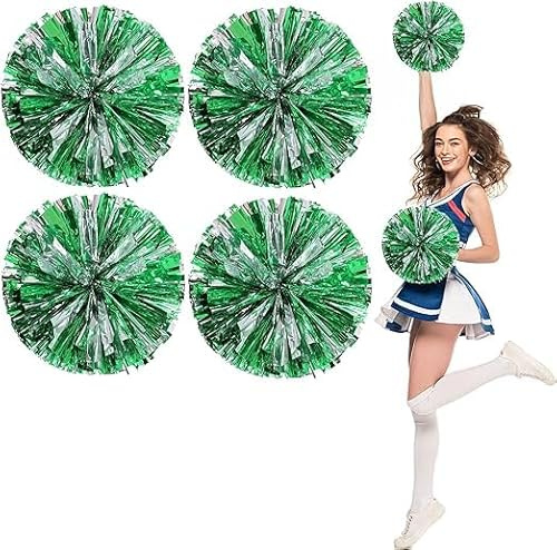 4 Stück Cheerleading Poms,Fluffy Cheerleader Pompoms with Ring Pom Poms,Metallic Pom Poms Cheerleading for Children Adults Sports Competition Holiday Celebration (30cm, Grün+Silber)