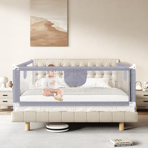 Supfine Bettgitter für Kinder, Bettgitter für Kinder, 150 cm, Bettschutzgitter, höhenverstellbar (70-99 cm), Bettgitter gegen Stürze, stabil und langlebig (grau, 1,8 m + 2 m + 2 m) YR453483
