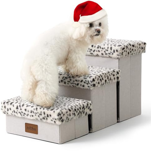 COZY KISS Haustiertreppe für Kleine Hunde mit Stauraum, Hundetreppe Faltbare für Sofa Couch, Hunde Treppe Hunderampe mit Rutschfestem Boden, Lecksichere, Bis Zu 80kg, 33x63x35cm, 3 Stufen, Leopard