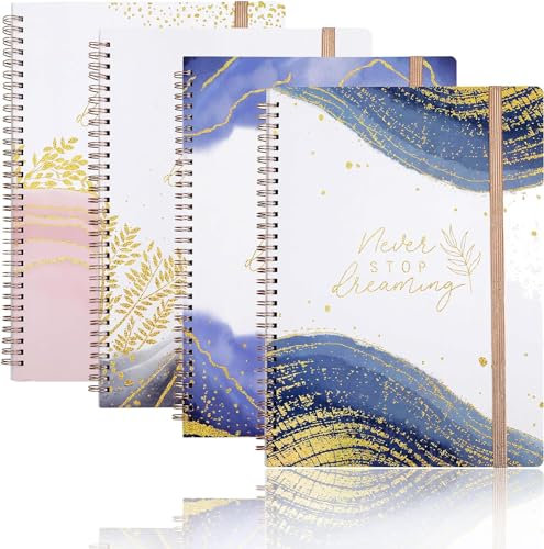 SIAZIH MRVNN Block Liniert A4, Notizbuch 70gsm, Elegantes Roségold Spiralblock A4 mit Verschiedenen Geprägten Kunststil-Covern, Block A4 mit Komfortablem Gummiband, Praktisches 4er-Set für Studenten