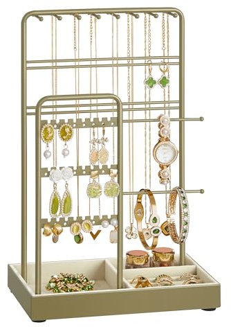SONGMICS Schmuckständer, Schmuckhalter, Metallrahmen, Schmucktablett Samt, Schmuckaufbewahrung für Halsketten Armbänder Ohrringe Ohrstecker Ringe, Geschenkidee, lorbeergrün JJS021C02
