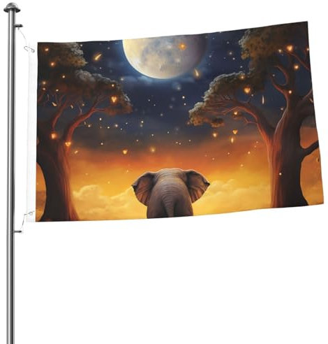 Flaggen für den Außenbereich, doppelseitig, mit Messingösen, Banner, Dekoration, Tier, Elefant, Eule, Baum, Mond, Stern, Willkommensflaggen, 200D strapazierfähiges Polyester, Banner, große Flaggen für