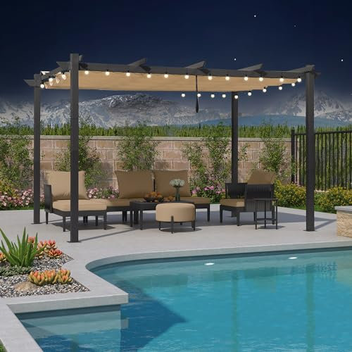PURPLE LEAF Pergola 3 x 4 m Pavillon aus Aluminium Terassenüberdachung mit Ausziehbarem Dach Pergola Überdachung Beige mit Globe Warmweiß Lichterkette
