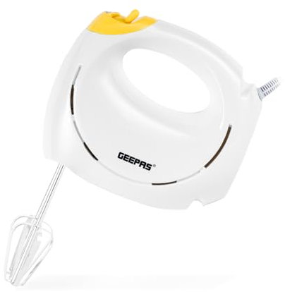 Geepas 150W Hand Mixer - Electric Whisk, Handheld Food Collection Cake Mixer for Baking - 7 Speed Turbo & Eject Button, Stainless Steel Beaters & Dough Hooks for Whipping Cream Dough Egg Beater, White