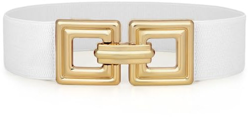 WHIPPY Damen Breiter Elastischer Taillengürtel Stretchy Gürtel für Kleid dehnbarer Hüftgürtel Mode Quadratischer Gold Schnalle,Weiß 90cm