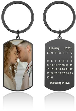 Jovivi Porte Clef Photo/Texte Calendrier Gravure Personnalisé Porte Clé Plaque Militaire Dog Tag Keychain Keyring Porte Clef pour Homme Femme Père Mère Valentine (Noir)