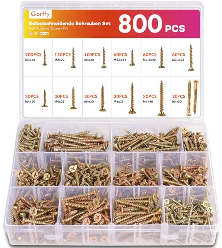 Gorffy Schrauben Set, 800 Stück Holzschrauben Set, Selbstschneidende Schrauben mit Senkkopf, Holzschrauben Sortiment mit Aufbewahrungsbox für DIY-Projekt, Reparatur