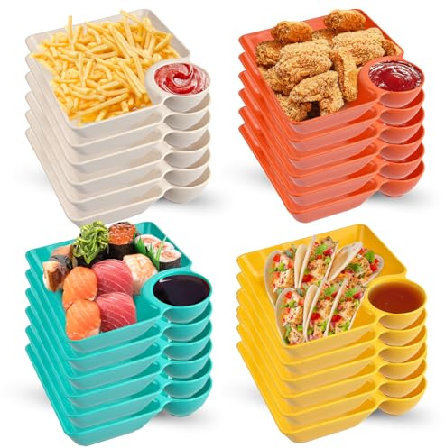 Elesunory 24 Pcs Chip and Dip Snack Plates, 7'' x 6.5'' Reusable Chip and Dip Serving Set, Plastic Plate with Sauce Compartment, Square Chip and Dip Plate for Dumpling, Sushi, Taco, (Multicolor)