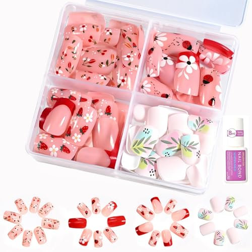 Press on Nails Short, 96 Pcs Cute False Nails, Children Press on Fake Nail Tip Cartoon Kids Full Cover Short Fingernail Children Artificial Nail Tips, Cute Pattern Short False Nails