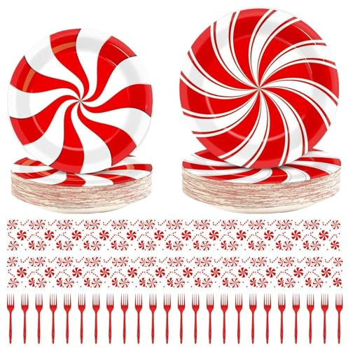 Juego De Vajilla De Rayas Rojas Y Blancas, 96 Piezas Platos De Papel Navideños De Rayas Rojas Y Blancas Suministros Para Fiestas Juego De Vajillas Suministros Para Fiestas Navideñas 2024, Juego De Vaj