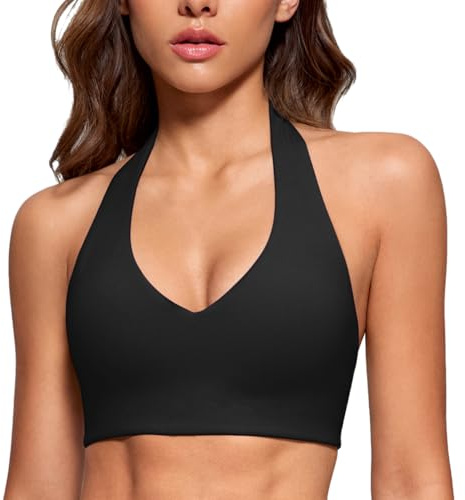 INGIA Womens Halter Longline Sports Bra Padded Low Back Yoga Bra Workout Crop Top with Built in Bra Black Small