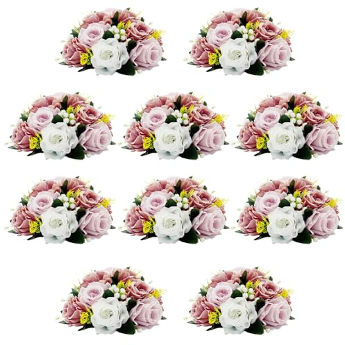 QUTUNI 10Pcs Artificial Rose Balls for Centerpieces (Dusty Pink & White)