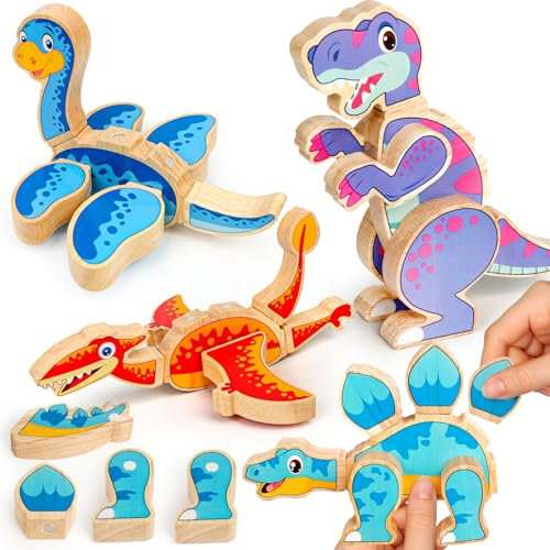 YIQOGAME Montessori Holzpuzzle Holz-Dinosaurier Spielzeug – Montessori Lernspielzeug für Kinder ab 3 Jahren – Fördert Feinmotorik & Kreativität – Pädagogisches Holzspielzeug zum Entdecken & Spielen