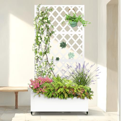 Hochbeet aus Metall mit Diamant-Gitter-Spalier, Outdoor-Pflanzkasten für Kletterpflanzen, Gemüse, Reben, verzinkter Gartenkasten mit Ablauflöchern und Rädern, Weiß (L x B x H): 80 x 41 x 180 cm