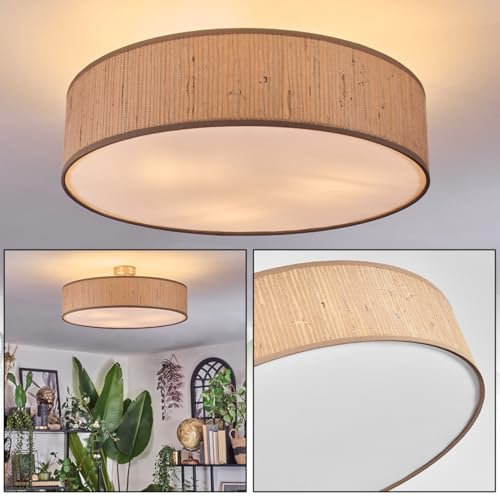 hofstein Lámpara de techo Foggia, lámpara de techo de metal/algas marinas/tela/plástico en níquel mate/natural/beige/blanco, lámpara redonda Boho (diámetro 50 cm), E27, comedor, salón, dormitorio,