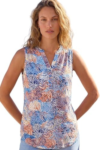 Roman Originals Sleeveless Shirt for Women UK Ladies Vest Tank Top Summer Smart Blouse Stretchy Jersey T-Shirt Casual Spring Holiday Party Beach Vacation Notch Neck - Orange Leaf - Size 12