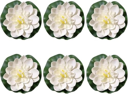 Zhhuoc 6 Pcs White Artificial Lotus Flowers Large Floating Lotus Faux Water Lily Flowers Fish Pond Artificial Plants with Artificial Lily Pads, Artificial Plants