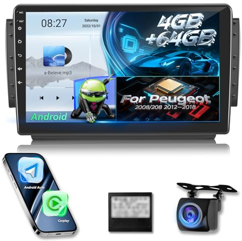 NHOPEEW Qualcomm 8 Core 4+64G Autoradio per Peugeot 2008/208 2012-2018 - 10 pollici Radio Supporto Carplay&Android Auto 5G Wifi&GPS DSP 3D Auto Mondel Display Ventola di raffreddamento