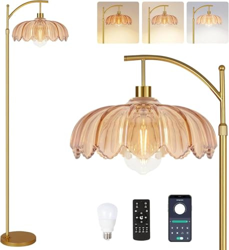 Arc Floor Lamp for Living Room Gold Floor Lamp with Remote Control,Dimmable Floor Lamps with Glass Lampshades,Mid Century Modern Standing Lamp Tall Vintage Flower Floor Lamps for Bedroom,Corner