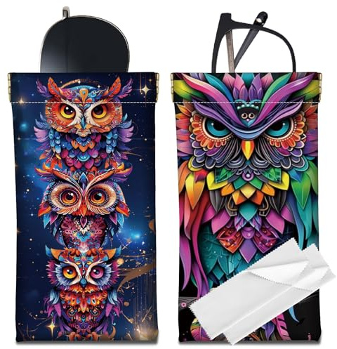 CREATCABIN 2 Stück 2 Stile Eulen Brillenetui Weiche Sonnenbrillentasche PU Leder Tragbar Wasserdicht Schmal Quetschbar Tier Brillenhalter Tasche Mit 2 Stück Tüchern Für Reisen Damen Herren 18x9cm