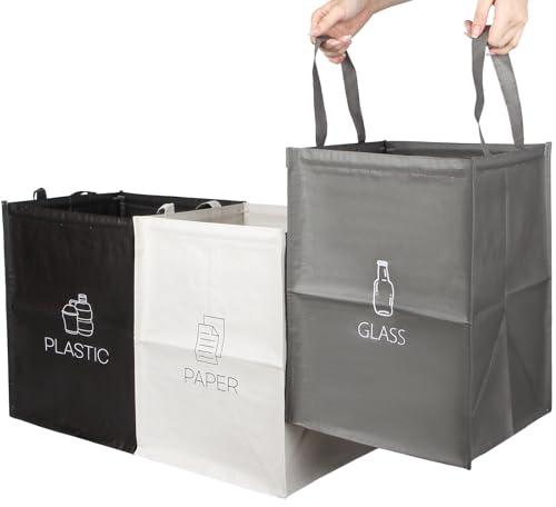 Mülltrennsystem 3fach - Recycling Organizer Taschen, Glas, Kunststoff, Papier, Recycling Mülltrennsystem Mit Stützstangen, Abfalltrennsystem für Küchen, Abstellräume oder Camping (schwarz, weiß, grau)
