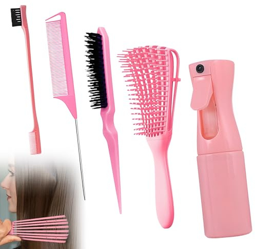 5Pcs Pink Hair Brush Set with Tail Comb Hair Spray Bottle Practical Hair Styling Tools Wet Dry Curly Hairs Set for Women Home Salon Professional Hairs Care Gift Set