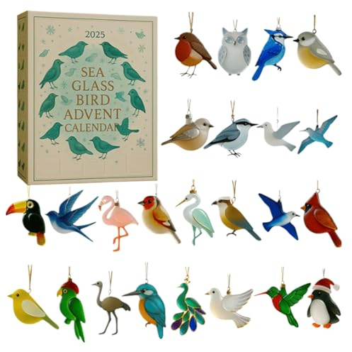 2025 Sea Glass Bird Adventskalender, 24-tägiger Adventskalender 2025 Mit Meeresglas-vögeln, Darunter, Rotkehlchen, Tauben Usw, Für Zuhause, Weihnachtsbaum, Auto, 24 Flache 2D-Acryl-Dekoratio