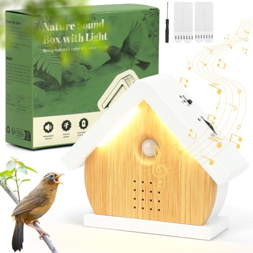 Vogelgezwitscher Bewegungsmelder Box, Naturgeräusche Box mit Bewegungsmelder & Leuchten, 12 Lieder, Timer, Vogelzwitschern Box, Meeresrauschen Box, Regengeräusche, Geräuschebox für Toilette, Spa