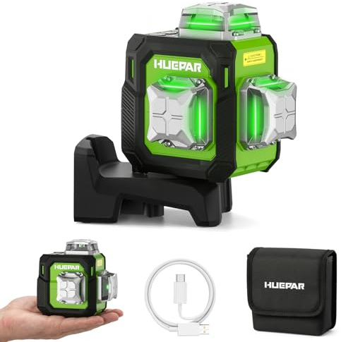 Huepar Nivel Láser 3D Verde Compacto 3x360° Autonivelante, Ideal para Espacios Reducidos, 30m Nivel Laser Profesional con Recargable USB-C, Modo Pulso 70m, Soporte Magnético para Obras y Bricolaje