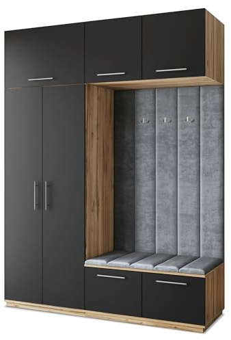 Masseno Flugarderoben Set Rema, Kleiderschrank-Set mit Sitzbank, Garderobenschrank Flur mit 5 Regalböden, Eiche Wotan/Schwarz