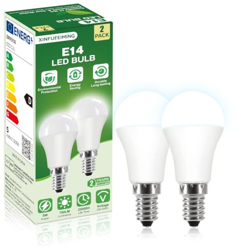 E14 LED Glühbirne, 5W, G45/P45, Kaltweißes 6000K, 2 Stück | Ultrahelle Energiespar, Ersatz für 40W-Glühbirne, Energiesparlampe 60W Halogenlampe ersetzt, 780LM, Not Dimmable