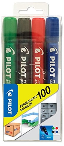 Pilot Permanent Marker 100 Bullet 4.5mm Tip Pack of 4- Black/Red/Green/Blue