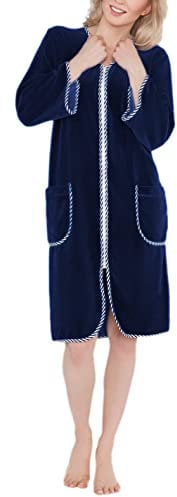 Aquarti Damen Velours Bademantel Morgenmantel Kurz mit Reißverschluss, Farbe: Dunkelblau, Größe: 3XL